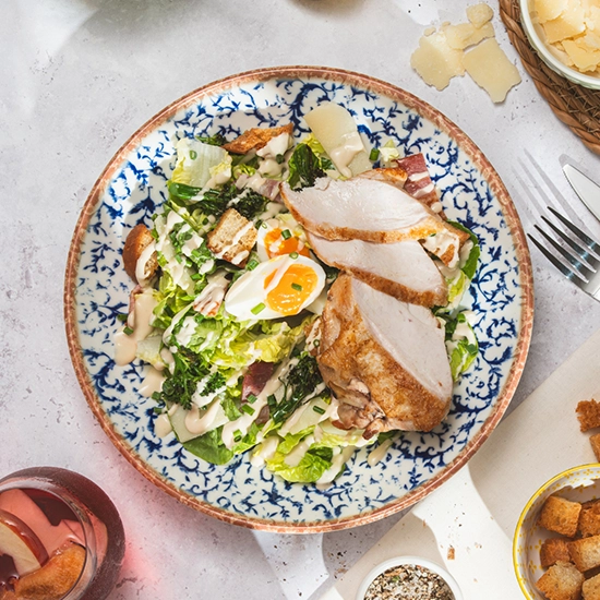 Charred Broccoli Caesar Salad with Chicken